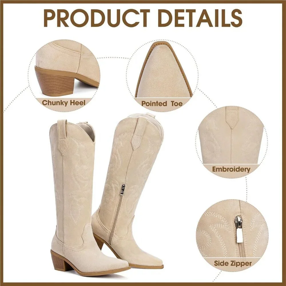 Women's Beige Knee High Wide Calf Western Glitter Sparkly Ladies Tall Boots